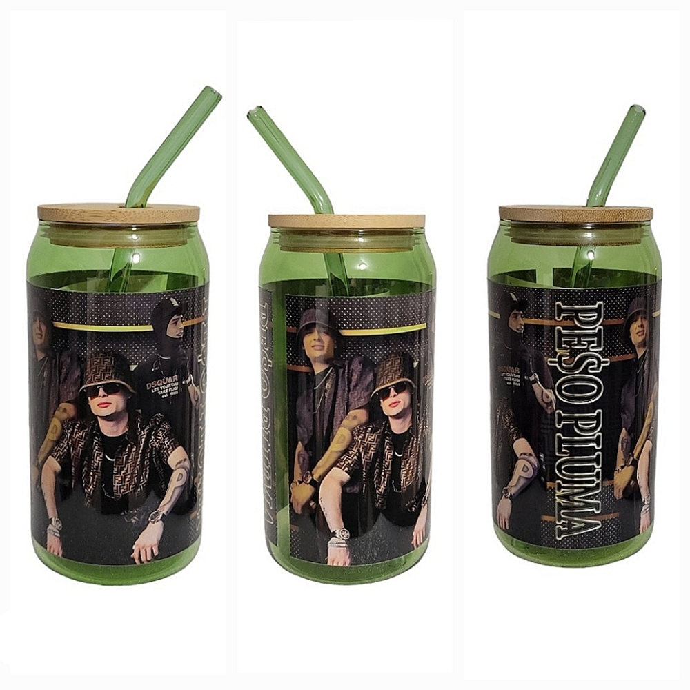 Peso Pluma Green Glass Tumbler Cup 16 oz UV DTF Black Design With Glass Straw